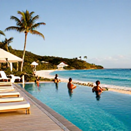 Caribbean Holidays, BVI November Holidays, Elegant British Virgin Islands resort beside a palm-fringed beach, with guests relaxing around an infinity pool in warm sunshine
