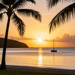 Caribbean Holidays, BVI November Holidays, Golden sunset over a calm British Virgin Islands bay, with a small sailing boat and palm trees in the foreground