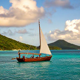 Caribbean Holidays, BVI November Holidays, Traditional wooden sailing boat travelling between the British Virgin Islands, with rugged green islands, clear sea and a warm November sky