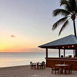 Caribbean Holidays, BVI November Tours, A relaxed beach bar on Jost Van Dyke at sunset, with outdoor tables, palm trees and calm Caribbean water