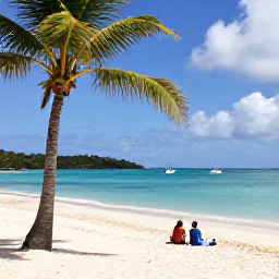 Caribbean Holidays, BVI November Tours, Travellers enjoying a comfortable November holiday on a quiet British Virgin Islands beach, with palm trees, clear water and sailing boats offshore