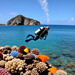Caribbean Holidays, BVI Scuba Diving, A diver exploring a colourful coral reef beside a rocky British Virgin Islands island in clear October sunlight