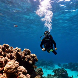 Caribbean Holidays, BVI Scuba Diving, A diver looking up towards the surface in clear Caribbean water beside a rocky reef in the British Virgin Islands, with sunlight and tropical fish