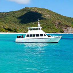 Caribbean Holidays, BVI Scuba Diving, A friendly dive boat anchored in a turquoise bay beside green British Virgin Islands hills, with divers preparing their equipment