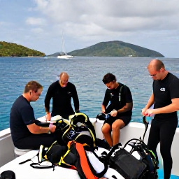 Caribbean Holidays, BVI Scuba Diving, A friendly group of scuba divers preparing equipment on a boat in a calm British Virgin Islands bay, with green islands and yachts in the background