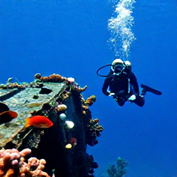 Caribbean Holidays, BVI Scuba Diving, A scuba diver descending beside a sunken shipwreck near Norman Island in the British Virgin Islands, surrounded by blue water and colourful reef fish