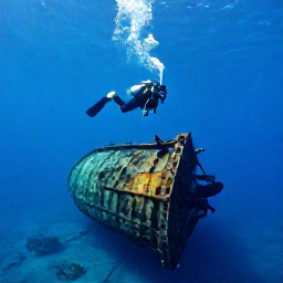 Caribbean Holidays, BVI Scuba Diving, A scuba diver swimming beside a historic shipwreck on the seabed near Tortola, with sunlight filtering through calm blue water