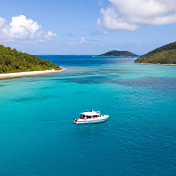 Caribbean Holidays, BVI Scuba Diving, A small dive boat carrying scuba divers between green British Virgin Islands, with bright turquoise water and scattered bays