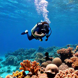 Caribbean Holidays, BVI Scuba Diving, Clear turquoise water over a colourful coral reef in the British Virgin Islands, with a scuba diver exploring in bright February sunshine