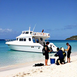 Caribbean Holidays, BVI Scuba Diving, Friendly dive boat anchored beside a quiet British Virgin Islands island, with divers preparing equipment under a sunny blue sky