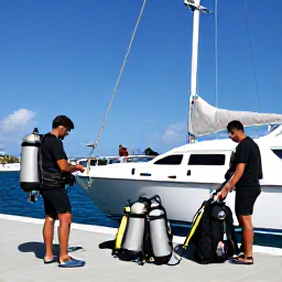 Caribbean Holidays, BVI Scuba Diving, Friendly scuba diving instructors preparing equipment beside a boat in a marina on Tortola, British Virgin Islands