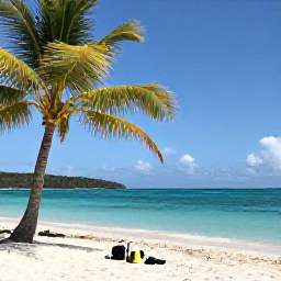 Caribbean Holidays, BVI Scuba Diving, Relaxed beach scene on a British Virgin Islands island after diving, with palm trees, calm turquoise sea and snorkelling equipment