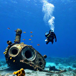 Caribbean Holidays, BVI Scuba Diving, Scuba diver descending beside the RMS Rhone wreck near Salt Island in clear Caribbean water, with schools of tropical fish