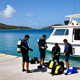 Caribbean Holidays, BVI Scuba Diving, Small group of scuba divers preparing equipment beside a boat in a sunny British Virgin Islands harbour