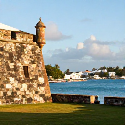Caribbean Holidays, BVI September Holidays, Historic Fort Burt overlooking Road Town harbour on Tortola, British Virgin Islands, in warm afternoon light