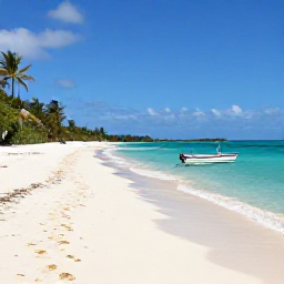 Caribbean Holidays, BVI September Holidays, Quiet tropical beach on Anegada in the British Virgin Islands, with turquoise sea, palm trees and a small local boat