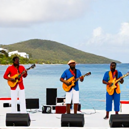 Caribbean Holidays, BVI September Holidays, Traditional Caribbean music performance at a waterfront venue in the British Virgin Islands, with island scenery behind