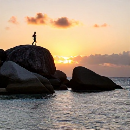 Caribbean Holidays, BVI Solo Holidays, Peaceful sunset at The Baths on Virgin Gorda, with a solo traveller walking among huge granite boulders beside the sea