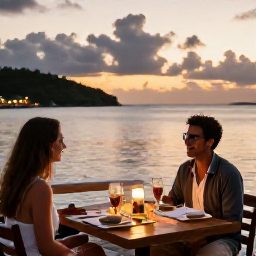 Caribbean Holidays, BVI Solo Holidays, Solo traveller enjoying a relaxed dinner at a waterside restaurant in the British Virgin Islands at sunset