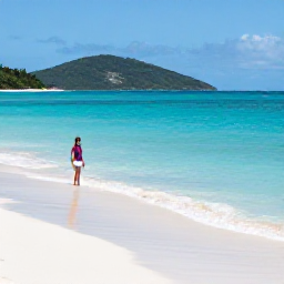 Caribbean Holidays, BVI Solo Holidays, Solo traveller relaxing on a quiet white-sand beach in the British Virgin Islands in July, turquoise water and green hills in the background