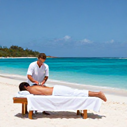 Caribbean Holidays, BVI Spa Breaks, A couple enjoying a beachfront spa day on Virgin Gorda, with a therapist preparing a treatment, white sand and clear blue sea in the background