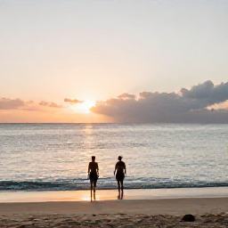 Caribbean Holidays, BVI Spa Breaks, A couple enjoying a calm sunset by the sea on Virgin Gorda, with a quiet sandy beach, gentle waves and golden Caribbean light