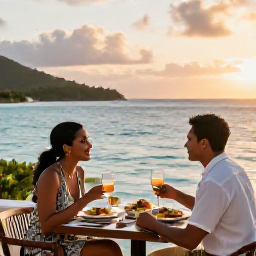 Caribbean Holidays, BVI Spa Breaks, A couple enjoying a healthy Caribbean dinner at an open-air restaurant beside the sea in the British Virgin Islands at sunset