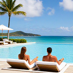 Caribbean Holidays, BVI Spa Breaks, A couple relaxing beside an infinity pool overlooking the British Virgin Islands, with loungers, palm trees and a bright blue Caribbean sea