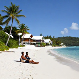 Caribbean Holidays, BVI Spa Breaks, A couple relaxing on a quiet white-sand beach in the British Virgin Islands, with a spa resort and palm trees in the background