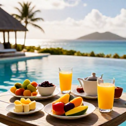 Caribbean Holidays, BVI Spa Breaks, A healthy Caribbean breakfast with fresh tropical fruit beside a resort pool in the British Virgin Islands, bathed in warm February light