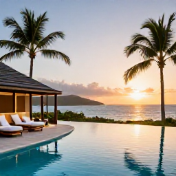 Caribbean Holidays, BVI Spa Breaks, A luxurious British Virgin Islands resort at sunset, with an inviting spa, palm-lined pool and calm Caribbean sea