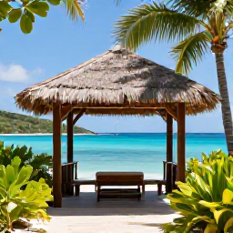Caribbean Holidays, BVI Spa Breaks, A peaceful beachfront massage pavilion in the British Virgin Islands, surrounded by tropical greenery and looking towards clear blue water