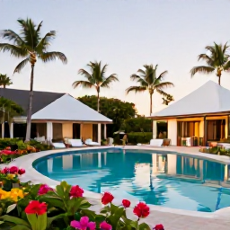Caribbean Holidays, BVI Spa Breaks, A peaceful Caribbean resort pool surrounded by palm trees and flowering gardens in the British Virgin Islands, soft evening light in October