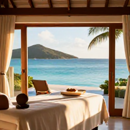 Caribbean Holidays, BVI Spa Breaks, A peaceful luxury spa overlooking turquoise Caribbean water on Tortola in the British Virgin Islands, with treatment beds, palms and soft morning light