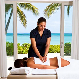 Caribbean Holidays, BVI Spa Breaks, A professional massage treatment in an elegant Caribbean spa, with views of palm trees and blue water through open windows