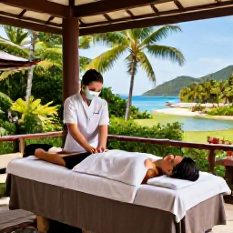 Caribbean Holidays, BVI Spa Breaks, A professional therapist giving a relaxing massage in an elegant open-air spa surrounded by palms and lush island vegetation in the British Virgin Islands