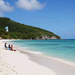 Caribbean Holidays, BVI Spa Breaks, A quiet white-sand beach on Tortola in the British Virgin Islands, gentle waves, green hills and two visitors relaxing in October sunshine