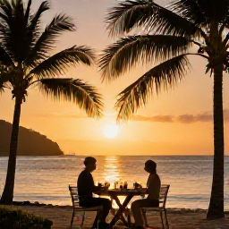 Caribbean Holidays, BVI Spa Breaks, A romantic Caribbean sunset dinner at a British Virgin Islands resort, with a table for two beside the beach, palm silhouettes and warm golden light