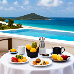 Caribbean Holidays, BVI Spa Breaks, A stylish Caribbean resort terrace with a healthy breakfast, fresh tropical fruit and a view across the British Virgin Islands in September
