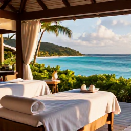 Caribbean Holidays, BVI Spa Breaks, A tranquil luxury spa overlooking a turquoise Caribbean bay on Tortola in September, with treatment beds, tropical greenery and soft morning light