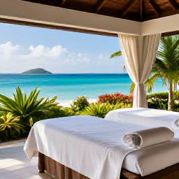 Caribbean Holidays, BVI Spa Breaks, A tranquil luxury spa overlooking the turquoise sea on Tortola, British Virgin Islands, with treatment beds, tropical plants and soft April sunshine
