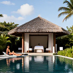 Caribbean Holidays, BVI Spa Breaks, An elegant BVI spa resort in May with an open-air treatment pavilion, tropical gardens and guests relaxing beside a calm infinity pool