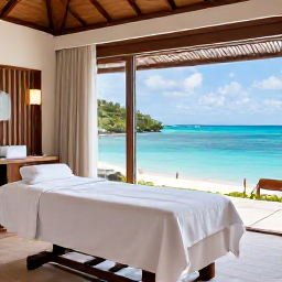 Caribbean Holidays, BVI Spa Breaks, An elegant spa treatment room with natural wood, white linens and views of the Caribbean Sea on a calm October day