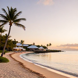 Caribbean Holidays, BVI Spa Breaks, Beautiful British Virgin Islands beach at sunset in June, with calm sea, soft golden light, palm trees and a relaxed luxury resort in the background