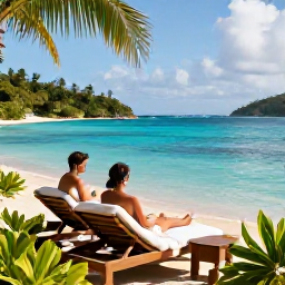 Caribbean Holidays, BVI Spa Breaks, Couple enjoying a peaceful spa day beside a calm turquoise lagoon in the British Virgin Islands, with loungers, tropical plants and bright June sunshine