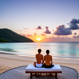 Caribbean Holidays, BVI Spa Breaks, Couple enjoying a private spa experience beside a secluded beach in the British Virgin Islands at sunset