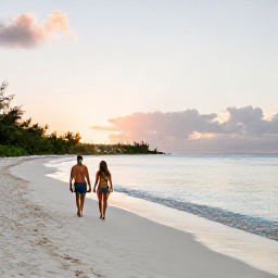 Caribbean Holidays, BVI Spa Breaks, Couple walking along a quiet white-sand beach at sunset on Jost Van Dyke in the British Virgin Islands