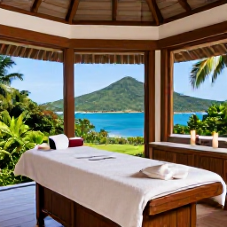 Caribbean Holidays, BVI Spa Breaks, Elegant British Virgin Islands spa treatment room with natural wood, soft towels, candles and views of lush tropical hills