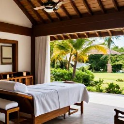 Caribbean Holidays, BVI Spa Breaks, Elegant spa treatment room at a British Virgin Islands resort, open to a lush tropical garden with candles, natural wood and Caribbean sunlight