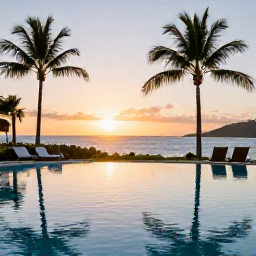 Caribbean Holidays, BVI Spa Breaks, Sunset over a tranquil British Virgin Islands resort pool beside the sea, with comfortable loungers and palm trees